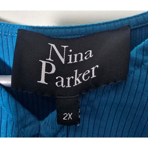 Nina Parker Midi Dress 2X Blue Cut Out Stretch Ribbed Ruched Short Sleeve Casual - Picture 3 of 16